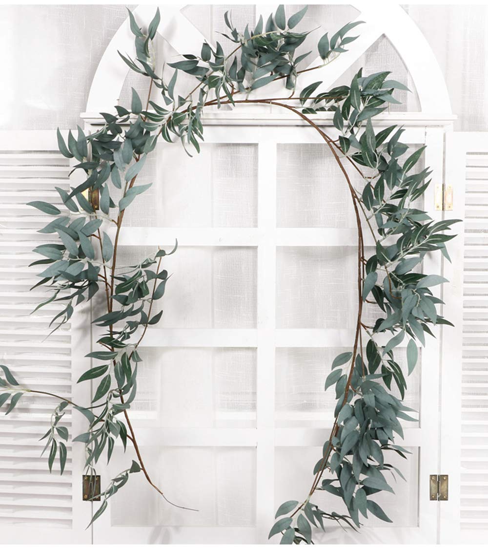 LJDJ Gray Green Leaf Garland Decorations - 5.4 Feet Artificial Silk Fabric Willow Plant Leaves Vines Twigs Garland String Wedding Decor Jungle Luau Safari Party Supplies Faux Greenery Crowns Wreath