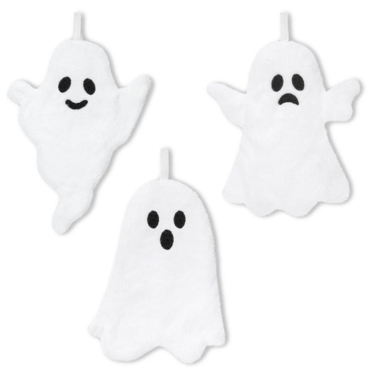 R HORSE Halloween Hand Towels - 3Pcs Halloween White Ghost Bathroom Towels with Hanging Loop Absorbent Coral Fleece Bathroom Hand Towel Soft Thick Dish Cloth for Kitchen Home Decors Holiday Party Gift