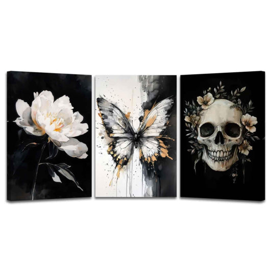 XLMDYYSW Skull Wall Art 3 Piece Black and White Gothic Pictures Skeleton and Flower Canvas Prints Abstract Butterfly Paintings for Bathroom Home Decor Framed (White, 12.00" x 16.00" x 3PCS)