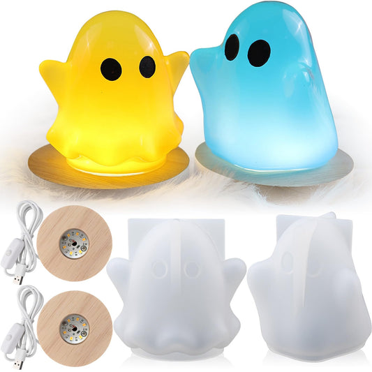 Ghost Resin Molds, Halloween Ghost Silicone Resin Molds for Epoxy Casting, 2Pcs Ghost Night Light Resin Molds with 2 Pcs USB Wooden Lighted Base, DIY Bedside Lamp Resin Art Halloween Decor