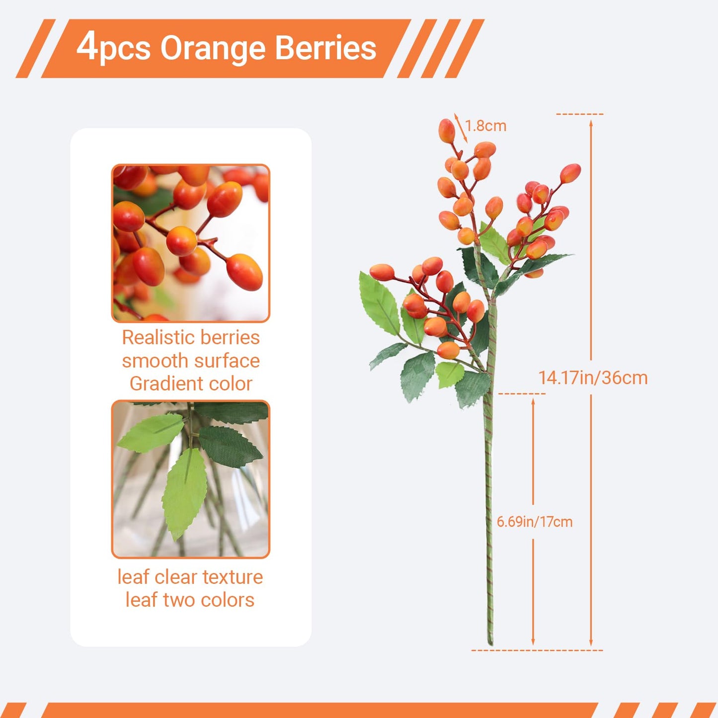Tyoxlo 4Pcs Orange Artificial Berry Stems Fake Berries Fake Fruit vase Filler Berry Garland Berry Decorations for Home Halloween Decor Thanksgiving Christmas Decorations（Orange）
