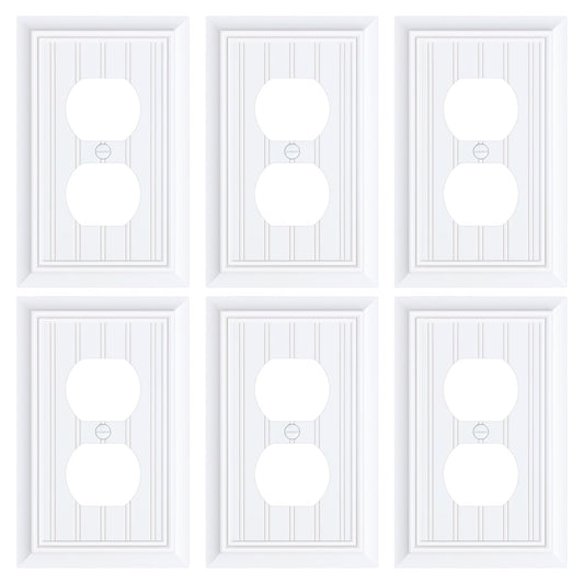 6-Pack Classic Beadboard Duplex Outlet Cover Plate, Decorative Switch Plates and Outlet Covers, Natural Bamboo Fiber Wall Plates for Electrical Outlets, 1 Gang Receptacle Cover,Pure White