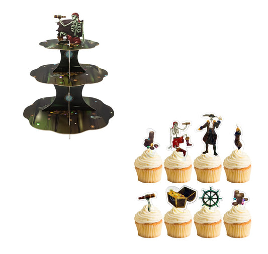 Cheerland Skull Pirate Cupcake Stand and Skeleton Pirates Cupcake Toppers for Halloween Skeleton Pirate Hanging Costume Party Decoration and Supplies