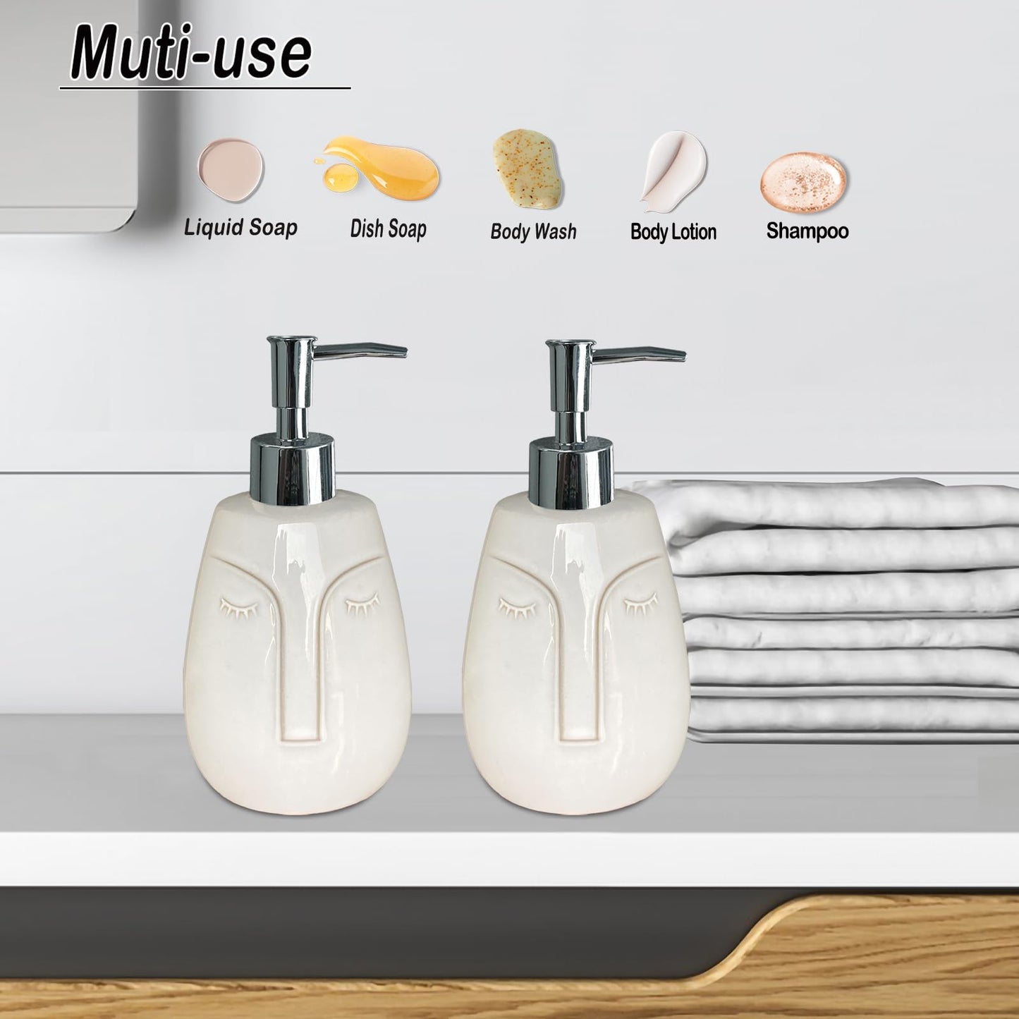 CAAS White Soap Dispenser, with Face Design, Ceramic Funny Liquid Dispenser, Refillable Lotion, Soap, Shampoo, Bathroom and Kitchen (White02)