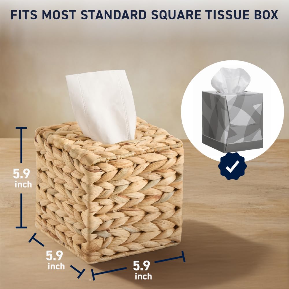 Ornavo Home Water Hyacinth Handwoven Square Tissue Box Cover, Natural