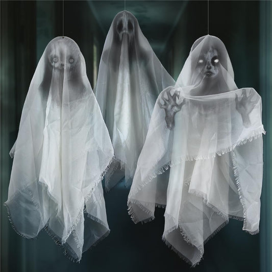Cheerland Hanging Ghost Halloween Decoration Creepy Floating Ghost Garland Flying Ghouls for Haunted Mansion House Horror Parties Spooky Birthday Party Banner Scary Terror Fabric Yard Decor