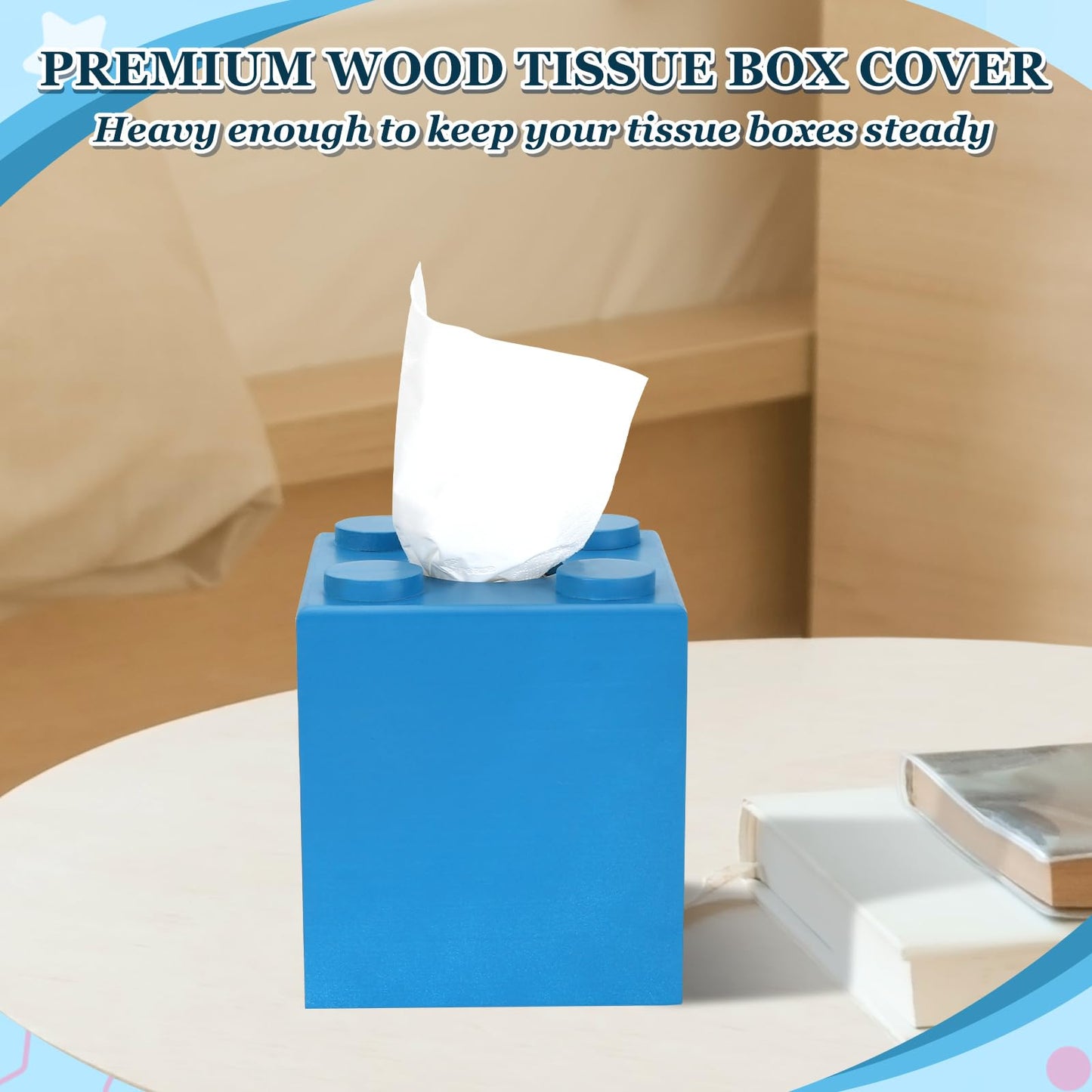 CypherX Wood Tissue Box Cover, Tissue Box Cover Square, Building Blocks Tissue Box Holder with Slide-Out Bottom, Cute Home Decor for Bathroom Living Room Office Kitchen (Blue, Small)