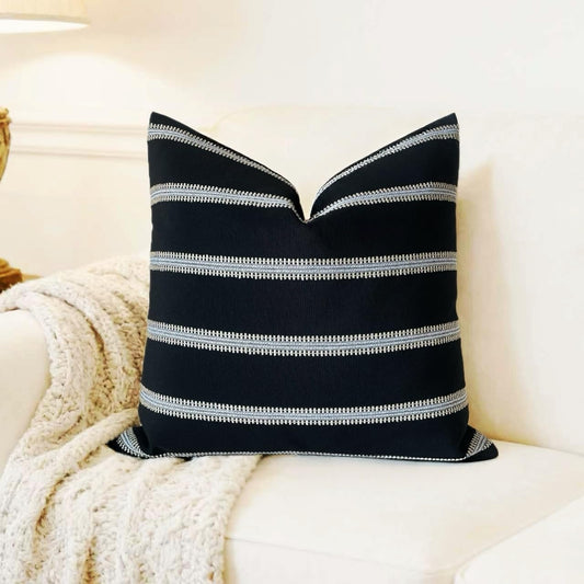 Slow Cow Decorative Jacquard Textured Woven Stripe Throw Pillow Cover Cushion Cover 26 x 26 Inches Black Mixed Off White