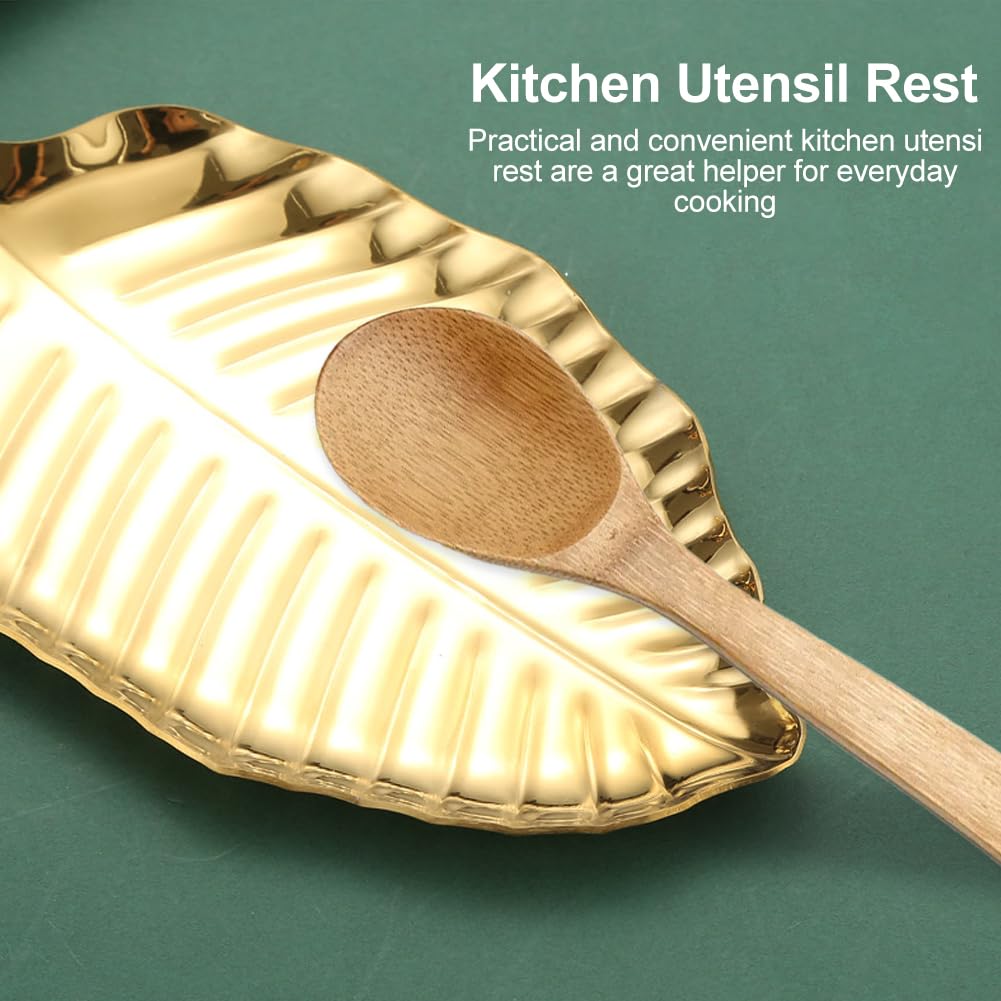 SYCOOVEN Gold Spoon Rest for Kitchen Counter, Stainless Steel Leaf Spoon Holder, Spoon Rest for Stove Top,Coffee Spoon Rest Utensil Rest Dessert Jewelry Storage Rack(COLOR:gold), 6.69 x 3.66inch