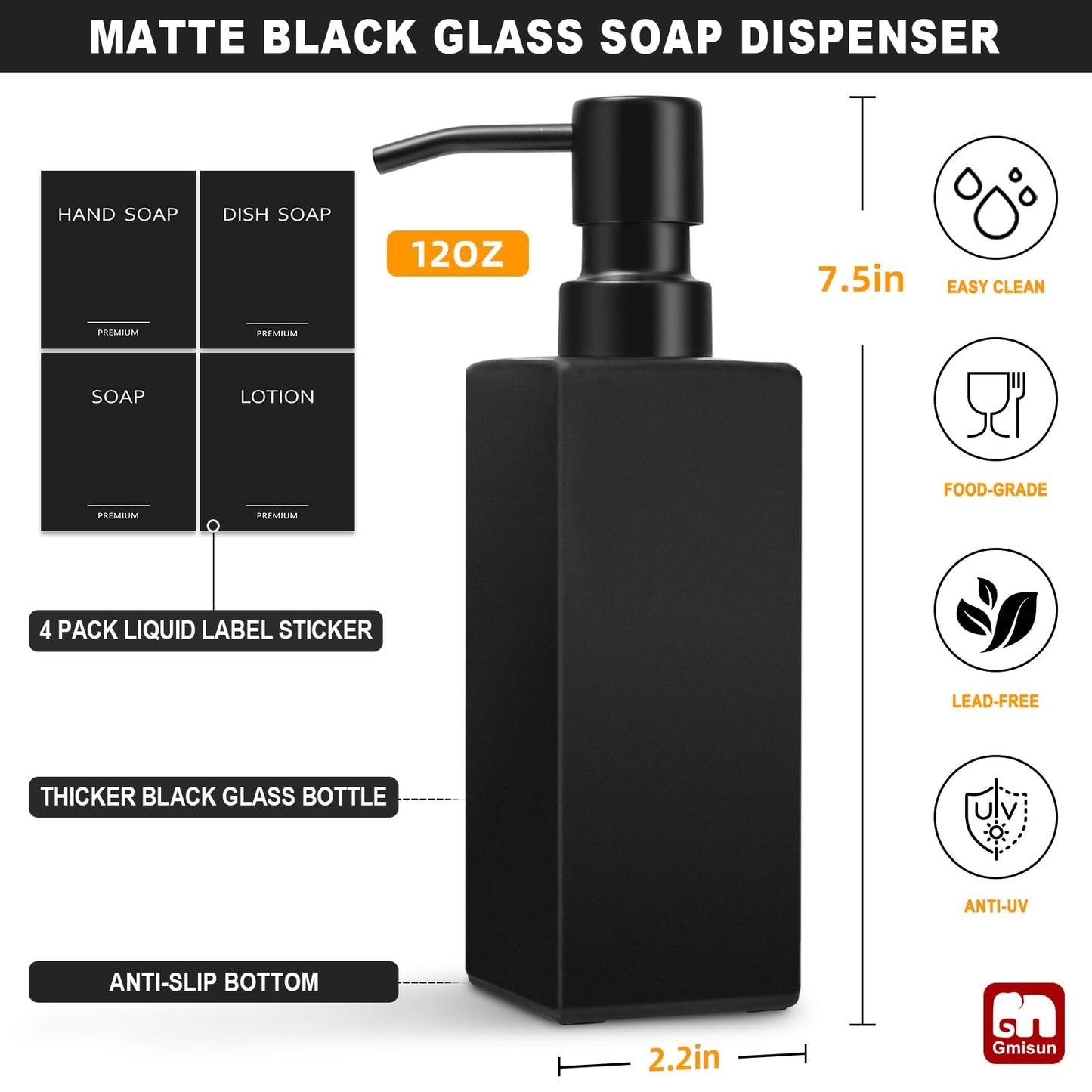 GMISUN Black Soap Dispenser, Hand Soap Dispenser Bathroom, 12oz Glass Soap Dispenser with Stainless Steel Pump, Liquid Dish Soap Dispenser for Kitchen, Modern Bathroom/Kitchen Soap Dispenser Set