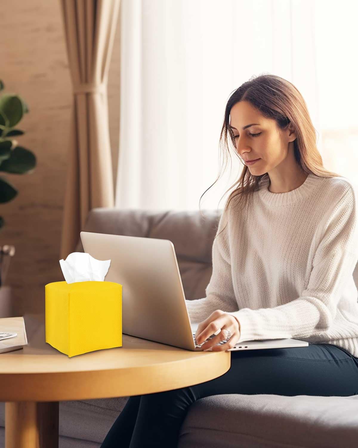 Yellow Tissue Box Cover Holder – with Bottom Belt [JESMINI, Lemon Yellow] Modern PU Leather Tissues Cube Box Cover Decorative for Bathroom Vanity Countertop/Night Stands/Office Desk, 5x5x5