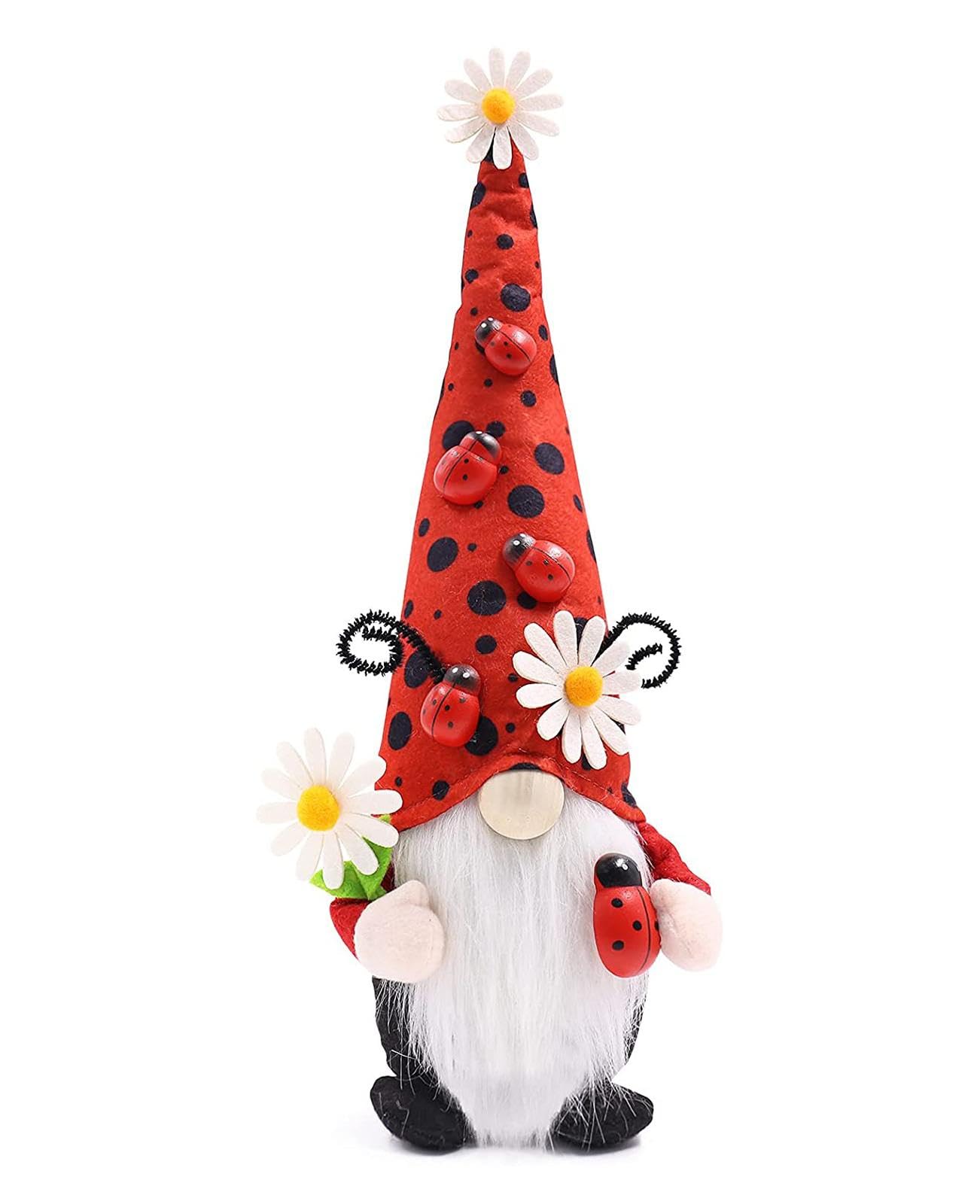 Gwindrise Small Ladybug Gnome Plush, Spring Summer Home Decor, Red Polka Dot Hat with Daisies, White Beard, Ideal Kitchen or Tiered Tray Summer Display