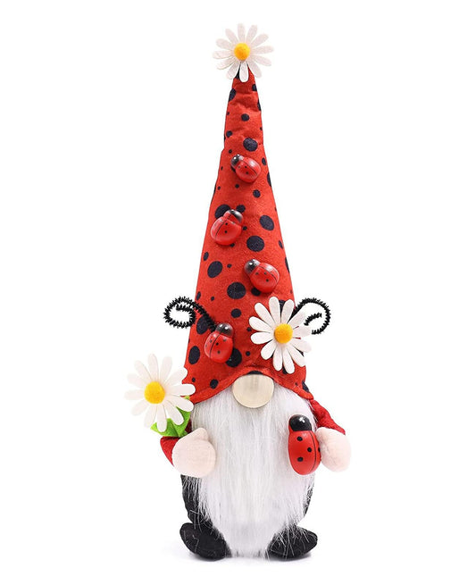 Gwindrise Small Ladybug Gnome Plush, Spring Summer Home Decor, Red Polka Dot Hat with Daisies, White Beard, Ideal Kitchen or Tiered Tray Summer Display