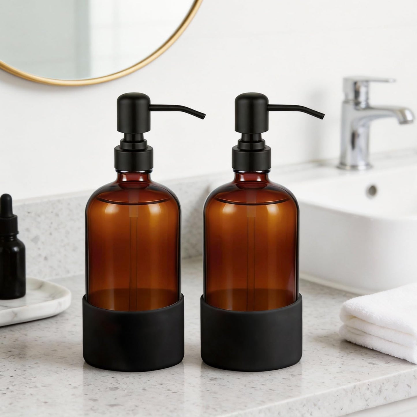 Homepicker 16 oz Hand and Dish Soap Dispenser Set for Kitchen and Bathroom, 500ml Amber Glass Soap Dispenser with Stainless Steel Pump, Non-Slip Silicone Sleeves, Labels - 2 Pack