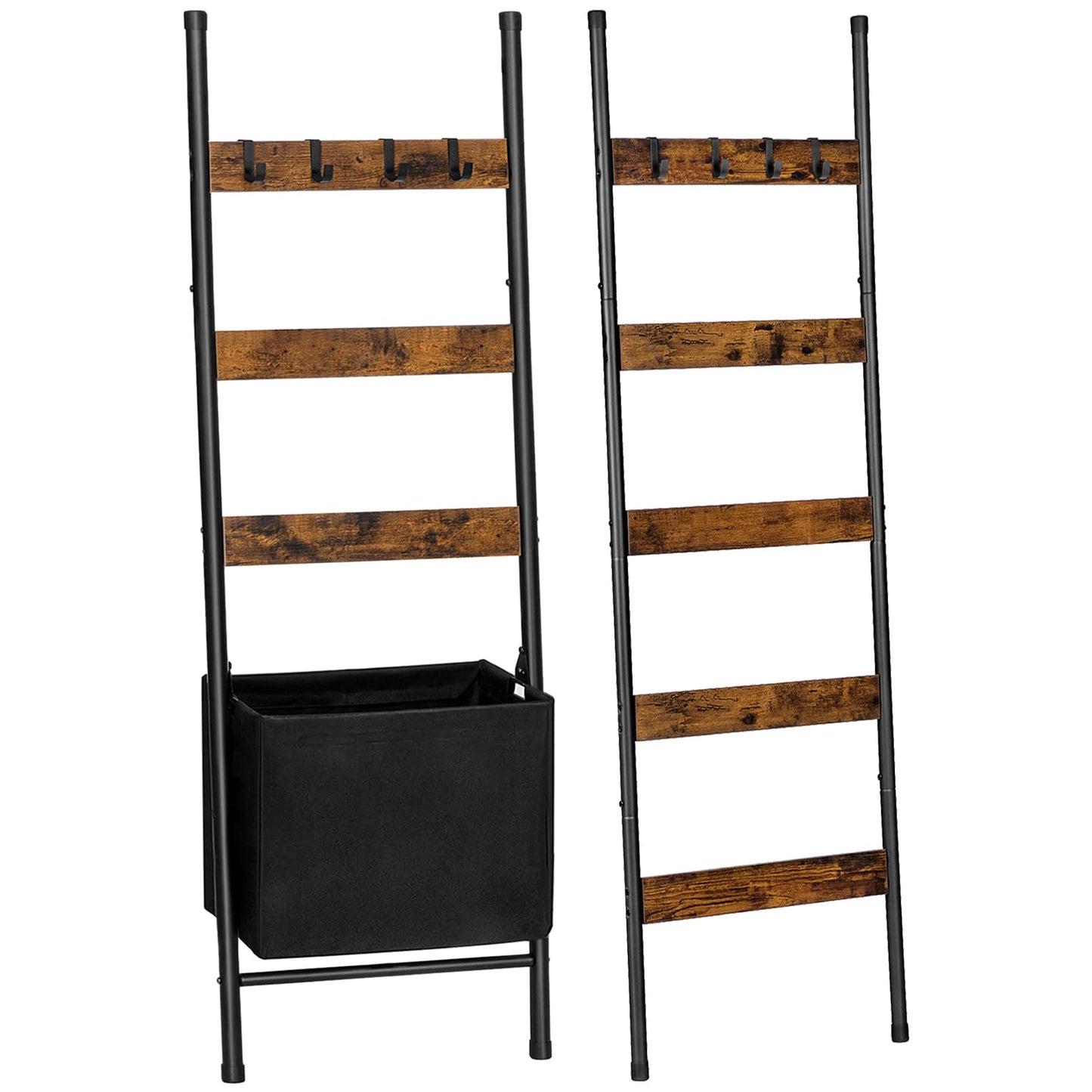 HOOBRO Blanket Ladder with Basket, Towel Rack with Hooks, Blanket Holder Rack, Decorative Ladder Shelf, Drying and Display Rack for Bathroom, Living Room, Rustic Brown BF52-31CJ01