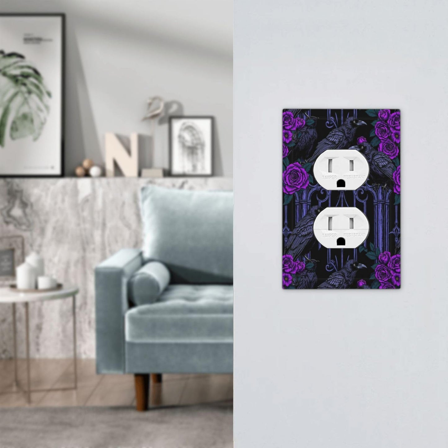 Naiqadnehz Outlet Covers Gothic Style Crow Purple Flowers 1 Gang Duplex Electrical Receptacle Faceplate Light Switch Cover Wall Plate Decorative Switch Plates for Bedroom living Room Decor