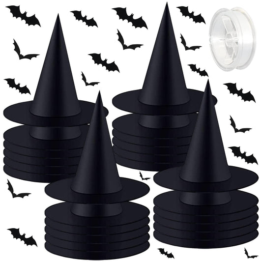 Legigo 24 PCS Halloween Decorations Witch Hat- Hanging Witch Hats Decorations with Rope and 60 Pcs 3D Bat Stickers, Black Witches Hat Costume Accessory for Halloween Party Decor Indoor Outdoor Porch