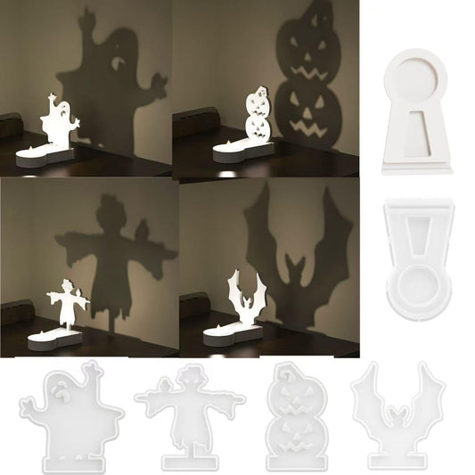 DoDoIYia 5Pcs Casting Shadow Candle Holder Resin Molds Silicone, Halloween Pumpkin Scarecrow Ghost Bat Shadow Resin Tealight Candle Holder Mold, Epoxy Molds for DIY Silicone Casting Mould Home Décor