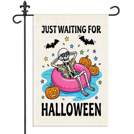 WHTYEFZ Just Waiting for Halloween Garden Flag, Funny Skeleton Pool Pumpkin Decor, 12 x 18 Inch Double Sided Spooky Autumn Yard Flag Outdoor Porch Decor, Halloween Gifts for Neighbor Friend Family