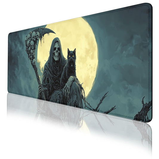 Grim Reaper Mouse Pad Dark Sickle Skull Black Cat Moon Extended Mousepad Waterproof Stitched Edges Rubber Base Non-Slip Deskpad Computer Keyboard Mat 31.5x11.8 in