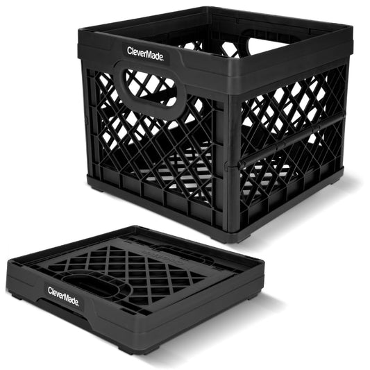 CleverMade Collapsible Milk Crate 25L (6.6 Gal), 50 lb Capacity Heavy Duty Folding Crate – Stackable Storage Crates with File Rails, Plastic Collapsible Crates - Obsidian