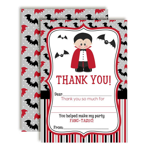 Dracula Fang-tastic Halloween Vampire Birthday Thank You Notes for Kids, Ten 4" x 5.5" Fill In The Blank Cards with 10 White Envelopes by AmandaCreation