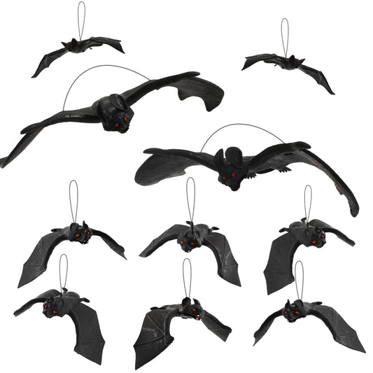 VIOCIWUO Hanging Bat Decorations, 10Pcs Halloween Simulation Rubber Bat for Hanging Decorate Outdoor Indoor Yard Home Window Door Wall Halloween Party Decor