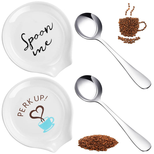 Honeydak 4 Pieces Coffee Spoon Rest and Small Teaspoon Holder Ceramic for Station Decor Stove Top Countertop Kitchen Accessories Nice Present for Coffee Lovers(Simple Style)