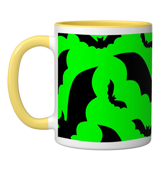 acid green halloween vampire bats goth scary macabre horror Ceramic Mug, Yellow/White