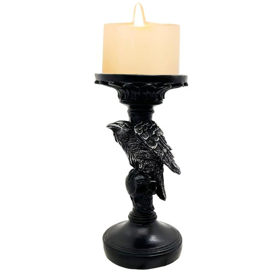 Skull Candlestick Holder for Halloween Decoration, Raven Skull Skeleton Spooky Decor Pillar Candle Holder, Antique Creepy Skeleton Black Taper Candle Holders for Halloween Christmas