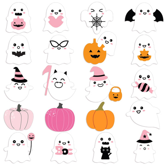 Seajan 200 Pcs Halloween Ghost Cutouts Cute Pink Ghost Pumpkin Paper Cut-Outs Halloween Bulletin Board Decor with 400 Glue Points Pink Pastel Decorations for Home DIY Art Craft Wall Party