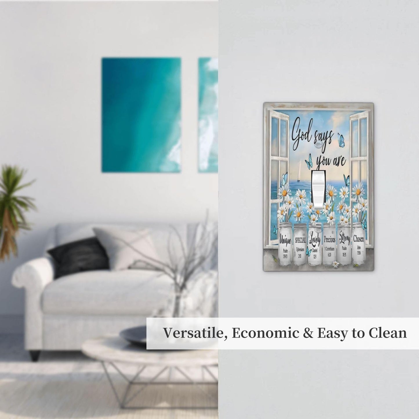 White Daisy Flowers in Vase Single Toggle Light Switch Cover Decorative Christian Inspirational Window 1 Gang Wall Plate Blue Sea Butterfly Floral Electrical Switchplate Faceplate for Bathroom Decor