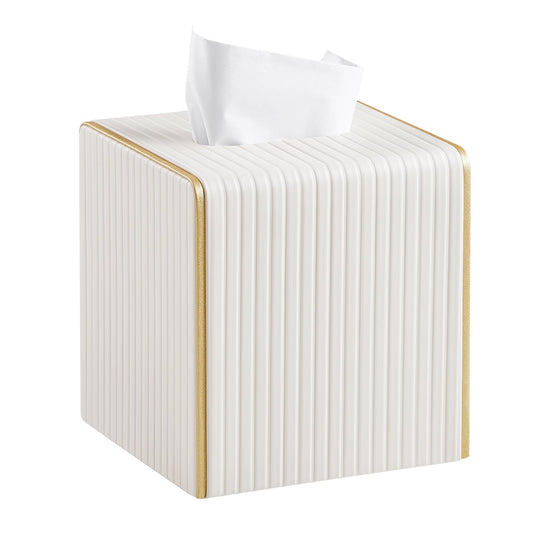 Square PU Leather Tissue Box Cover with Magnetic Closure, Decorative Tissue Holder & Storage Container for Bedroom, Living Room, Dining Room, Bathroom, Countertop, Desk & Office (White)
