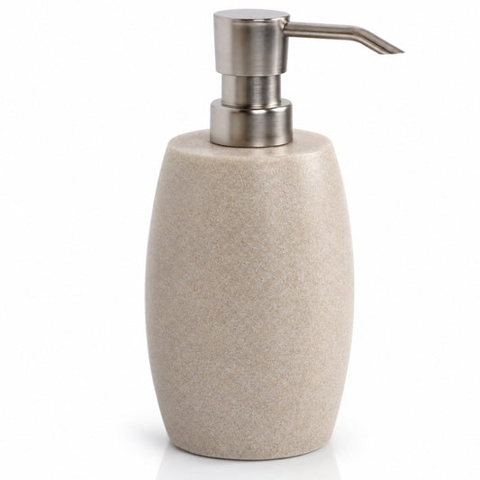 Clasin Home Sandstone Textured Resin Soap Dispenser with Metallic Pump and Waterproof Bottle Labels for Bathroom Kitchen Dish Hand Wash Shower Lotion Shampoo, 12 Oz, Beige