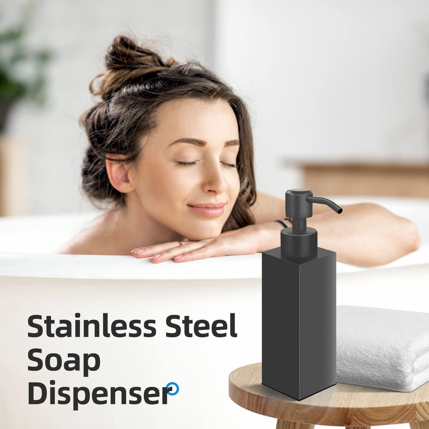 GLUBEE Black Soap Dispenser, Matte Black Stainless Steel, Rust-Proof Liquid Hand Dish Dispenser for Bathroom & Kitchen, 8.5 Oz Refillable Countertop Lotion Bottle (Square)