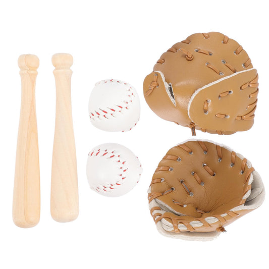 SHINEOFI 2 Sets Miniature Baseball Bats Gloves Kit Baseball Cake Topper Decoration Mini Sports Wooden Bat Leather Glove and Ball Set for Dollhouse Micro-Landscape Crafts Project Accessories, Khaki