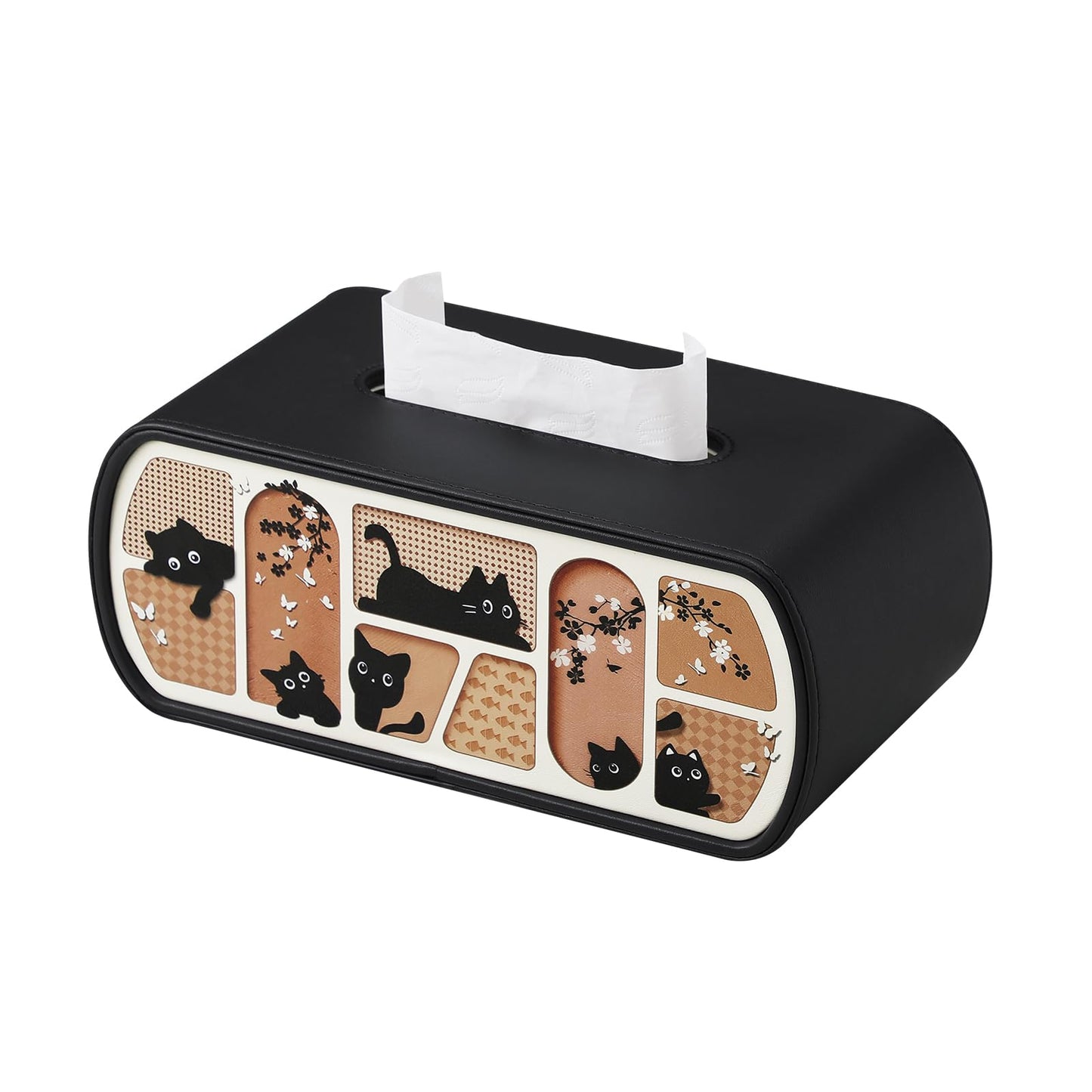 MEIBOOCH Cat-Themed Tissue Box Cover, Cat Lover Gifts PU Leather Tissue Cover, Square/Rectangular Tissue Holder for Bathroom Living Room Office (Black, Rectangle - for 120/160 Count Tissue Boxes)
