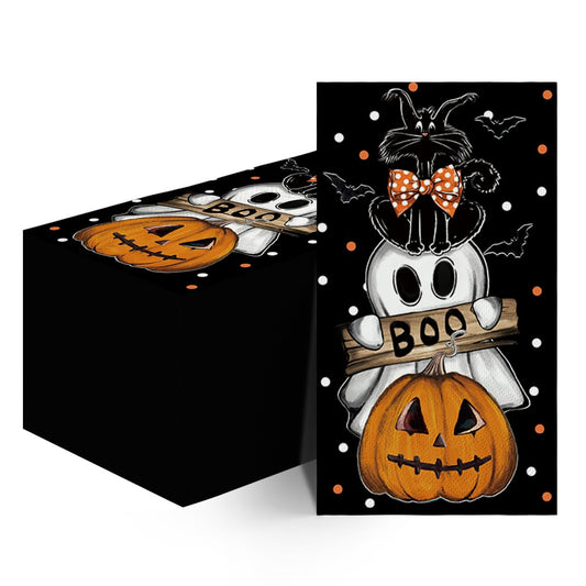 Horaldaily 100 Halloween Disposable Paper Decorative Guest Napkins, Orange Jack-O-Lantern Pumpkin Dots Ghost Cat Hand Towel for Party Lunch Dinner Kitchen Bathroom