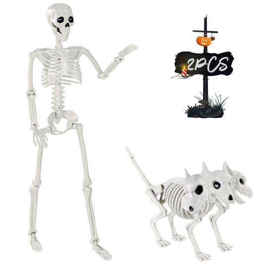 YUJUN 36'' Halloween Skeleton Decoration with 3Head Dog Skeleton,Full Body Posable Skeleton Realistic Plastic Bones Movable Joints for Halloween Party Yard Haunted House Props Indoor Outdoor Decor
