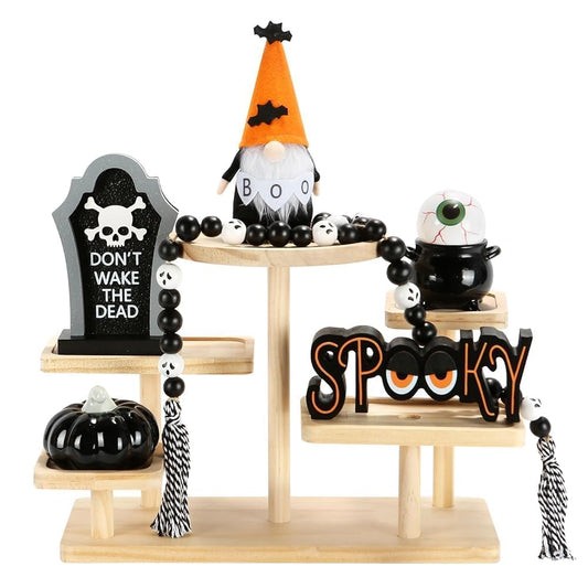Halloween Decorations 6PCS Tiered Tray Decor, Cute Tabletop Halloween Decor for Home Office Tray Shelf Mantel Table Centerpieces Farmhouse Rustic Spooky Wood Signs