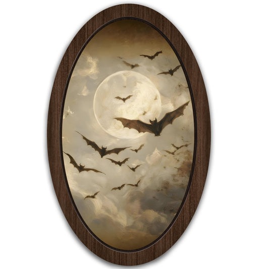 UYIKG Vintage Gothic Bat Wall Art Decor,Moonlit Moody Wooden Framed Decor,Bats Oval Wall Decorations for Theme Room Home Bedroom Living Room 9x14.6 in