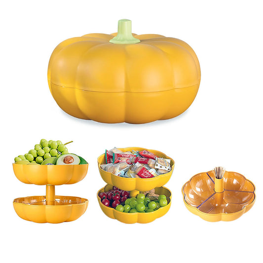 FYUEROPA Big Pumpkin Snack Holder with Lid, Double Layer Serving Container with 3 Divided Compartments, Candy Fruit Nut Tray, Snack Bowl (Orange)