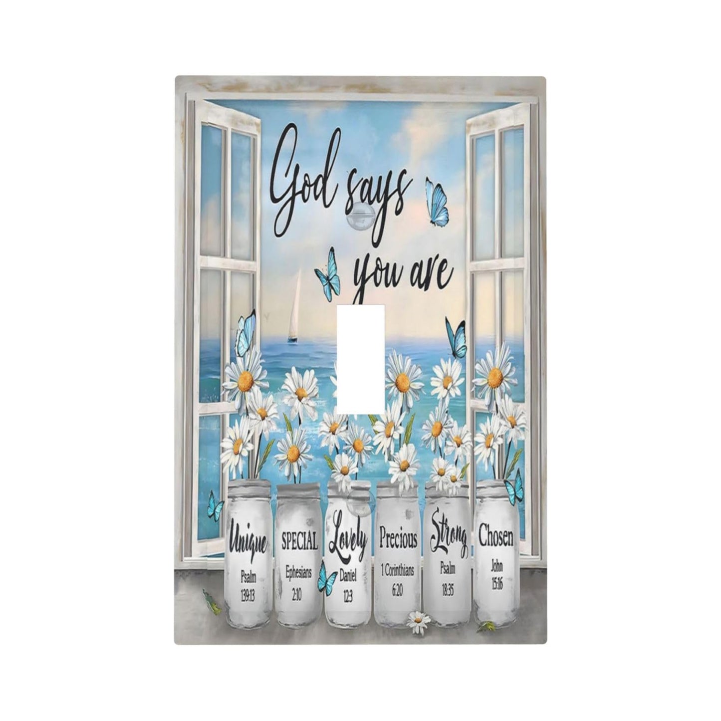 White Daisy Flowers in Vase Single Toggle Light Switch Cover Decorative Christian Inspirational Window 1 Gang Wall Plate Blue Sea Butterfly Floral Electrical Switchplate Faceplate for Bathroom Decor