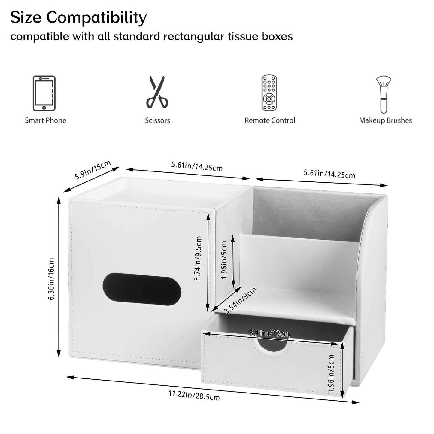 Square Tissue Box Cover with Tray and Organizer, Multi-Functional Decor Cube Tissue Box Holder, Tissue and Remote Control Holder, for Vanity, Nightstand, Bathroom, Home, Office