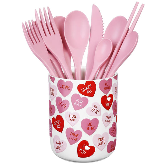 Potchen Vintage Farmhouse Ceramic Utensil Holder 6.3 Inch Western Kitchen Utensil Crock Rustic Countertop Storage Organizer Container for Spatulas Spoons Home Cooking Decoration Gift(Love Words)