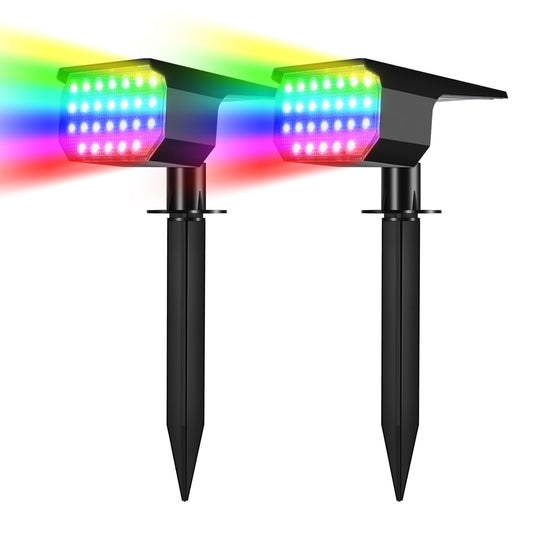 suifazy RGB Solar Lights Outdoor Waterproof IP65, 7 Lighting Modes Color Changing 26 LED Solar Spot Lights Outdoor for Yard Garden Pathway Christmas Decor (Multicolor, 2 Pack)