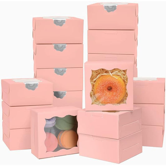 Bakepacker Pink Bakery Boxes with Window 4x4x2.5 inches Small Size Pastry Boxes Mini Cookie Boxes for Bakerys Thick & Sturdy （100 Packs）