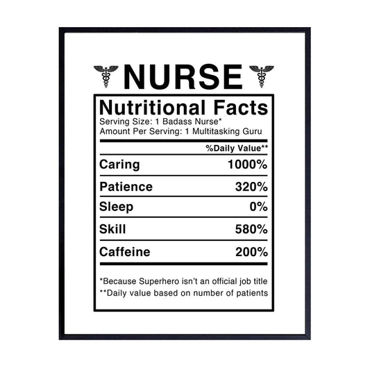 Nurse Nutritional Facts Wall Art - Funny 8x10 Room Decor, Home Decoration for Medical Clinic or Office - Unique Gift for Physicians Assistant, PA, Student - Unframed Poster Picture Sign Print