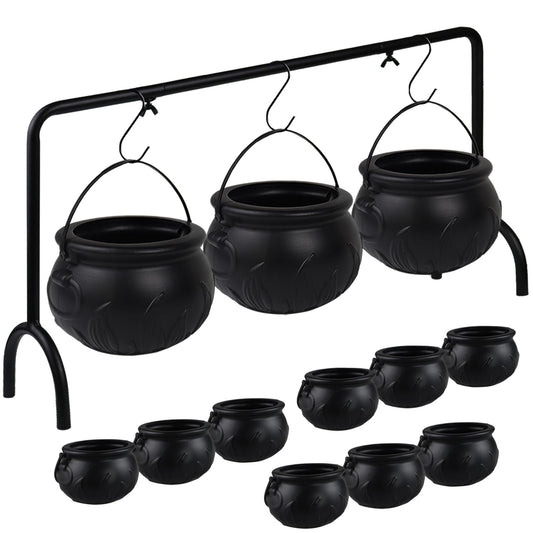 Zimati Cauldron Halloween Table Decor, 12 Pcs Large and Mini Black Plastic Hanging Cauldrons Serving Set, Spooky Witches Cauldron Candy Serving Bowls for Indoor Home Hocus Pocus Party Decorations