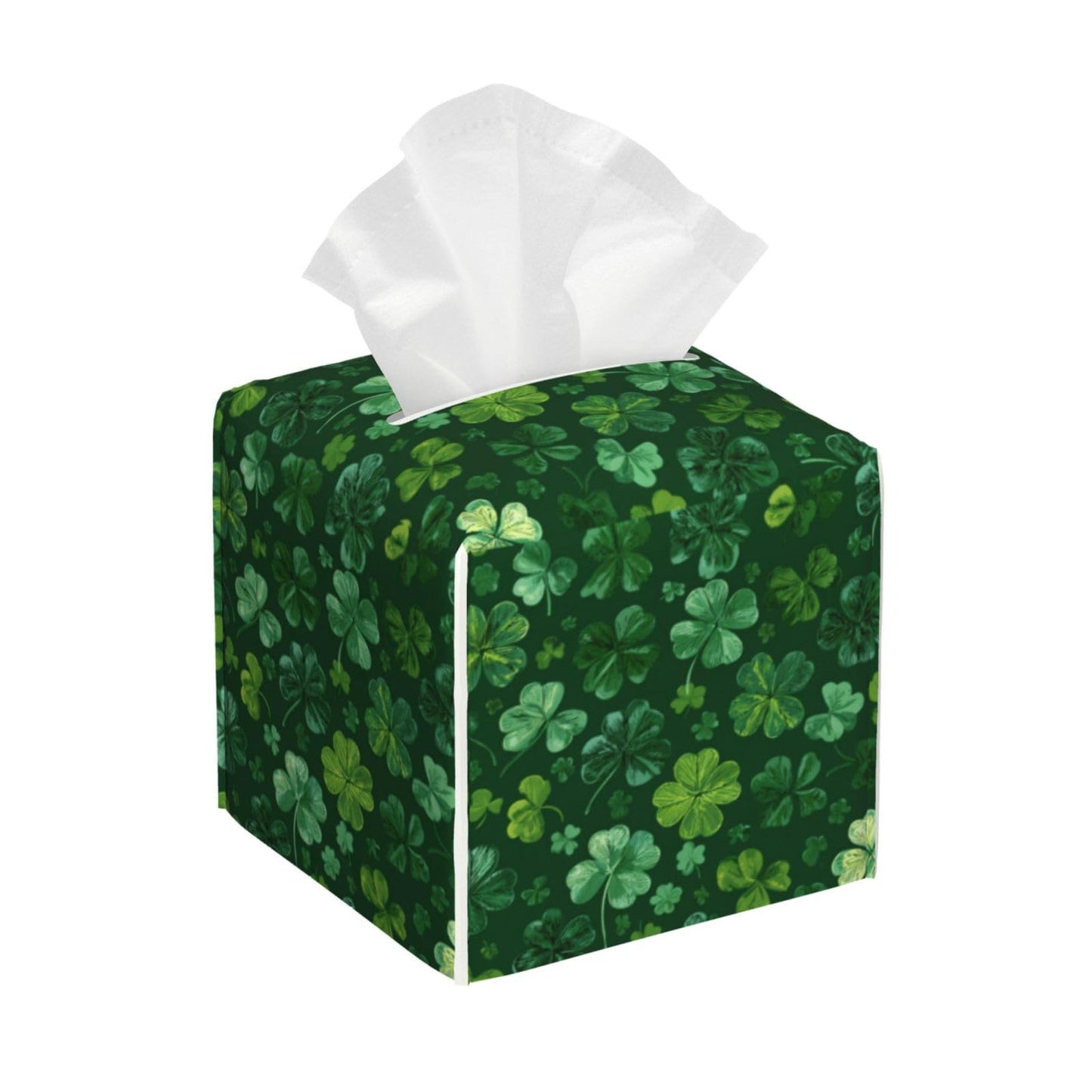 Green Clover Tissue Box Cover Square, Waterproof Leather Tissue Box Holder Portable Dispenser Modern Home Decoration for Bathroom Car Nightstand Vanity